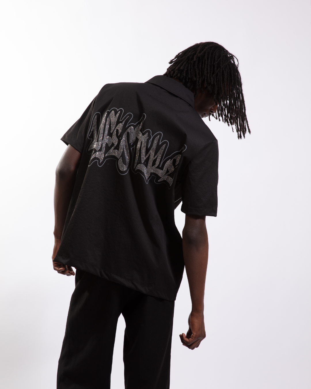 Black Rhinestone Zip-Up Shirt
