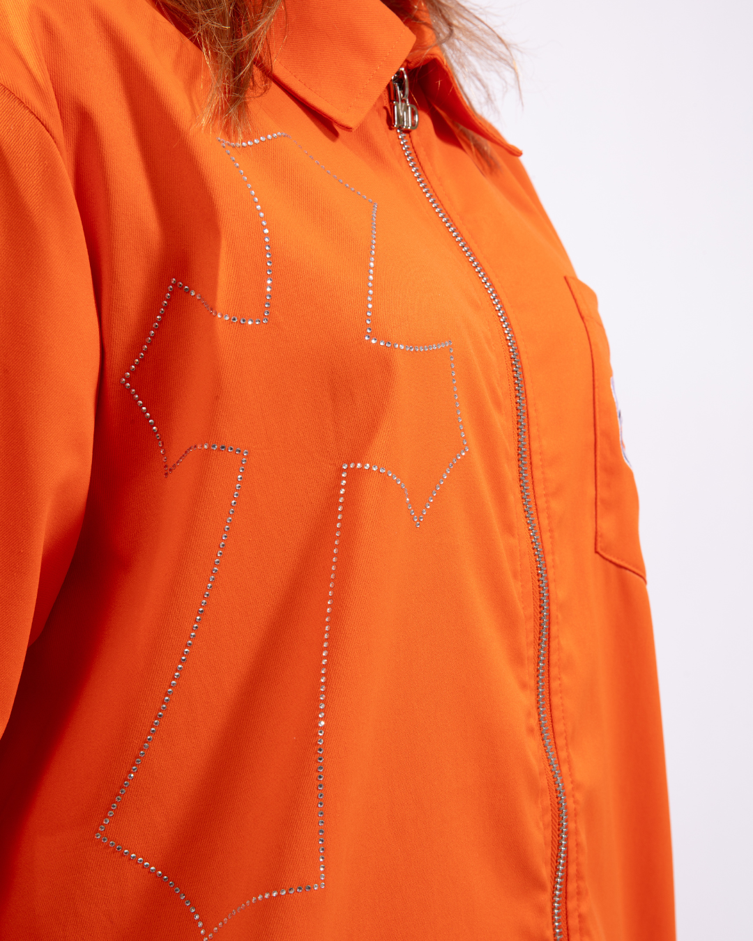 Orange Rhinestone Zip-Up Shirt