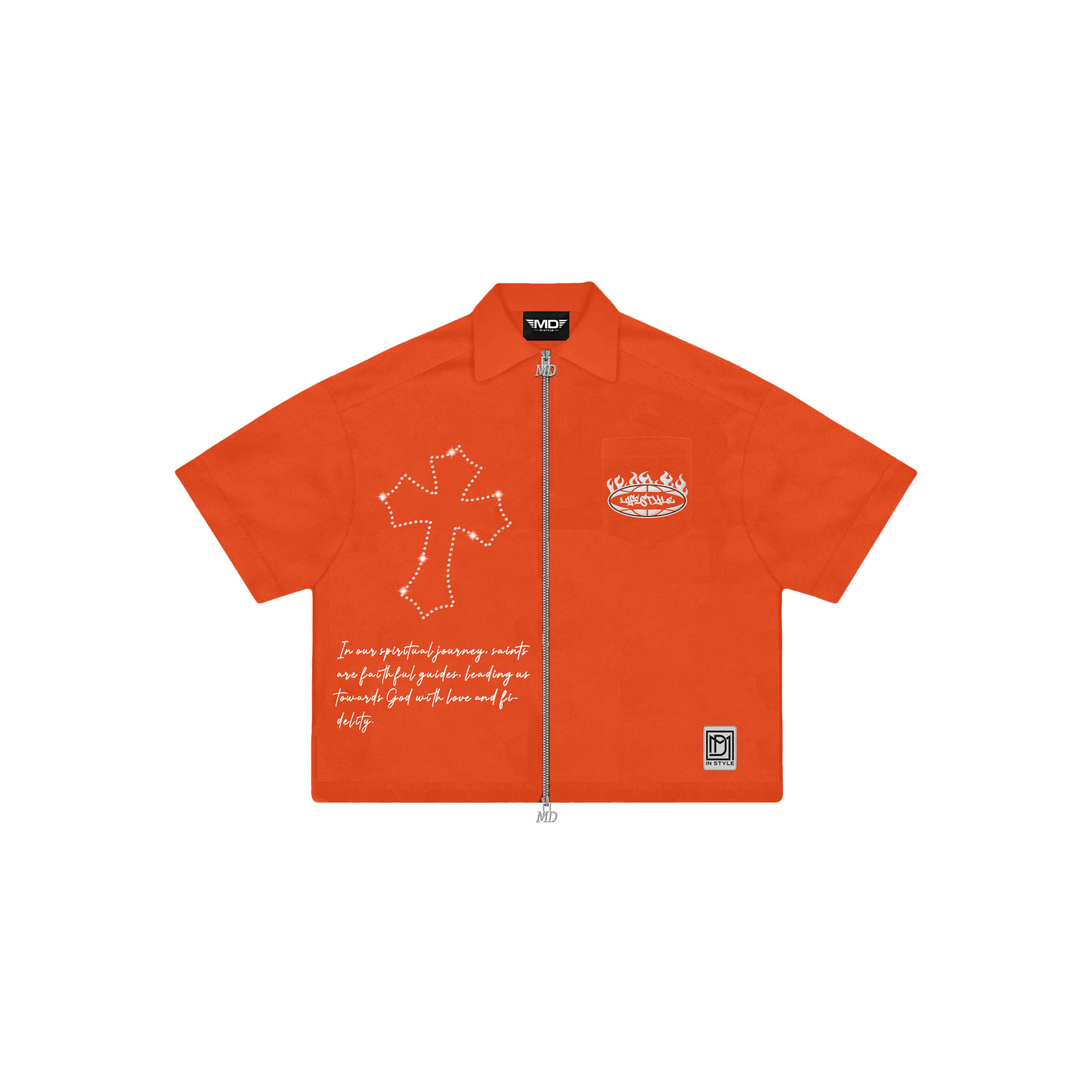 Orange Rhinestone Zip-Up Shirt