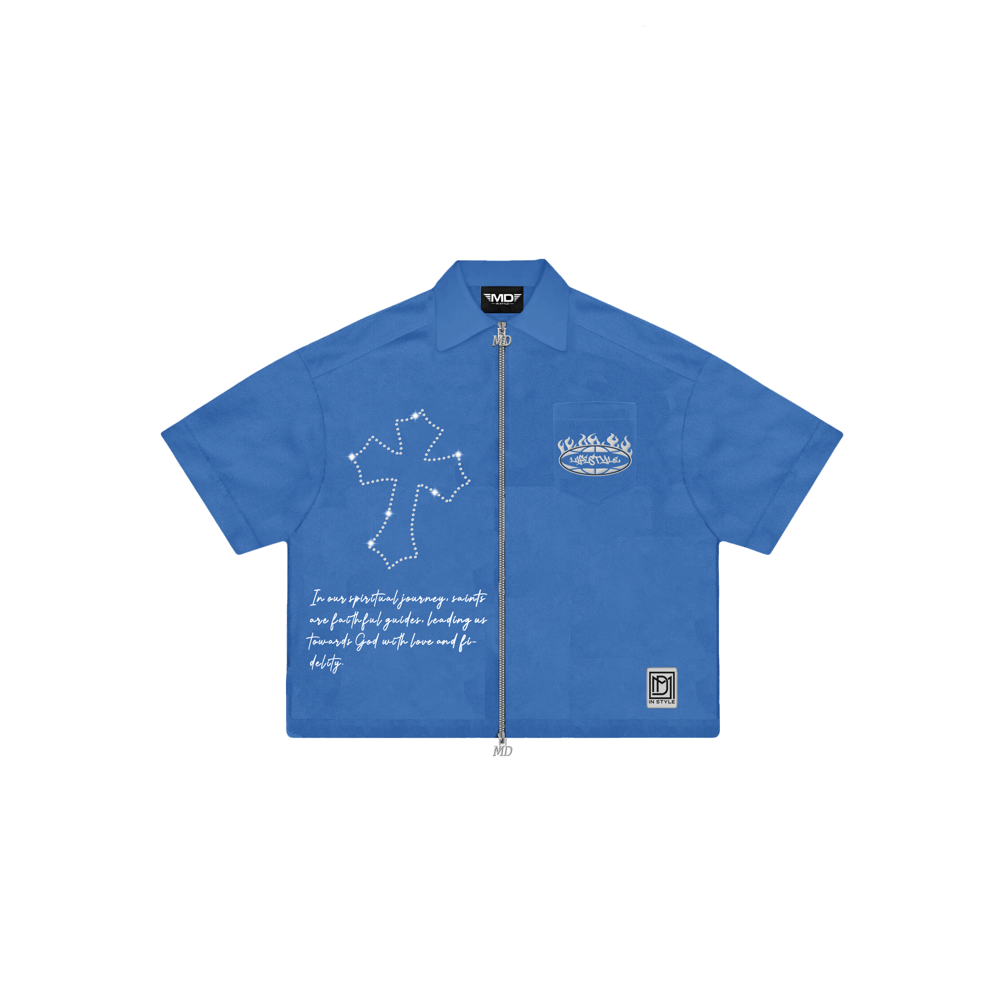 Blue Rhinestone Zip-Up Shirt