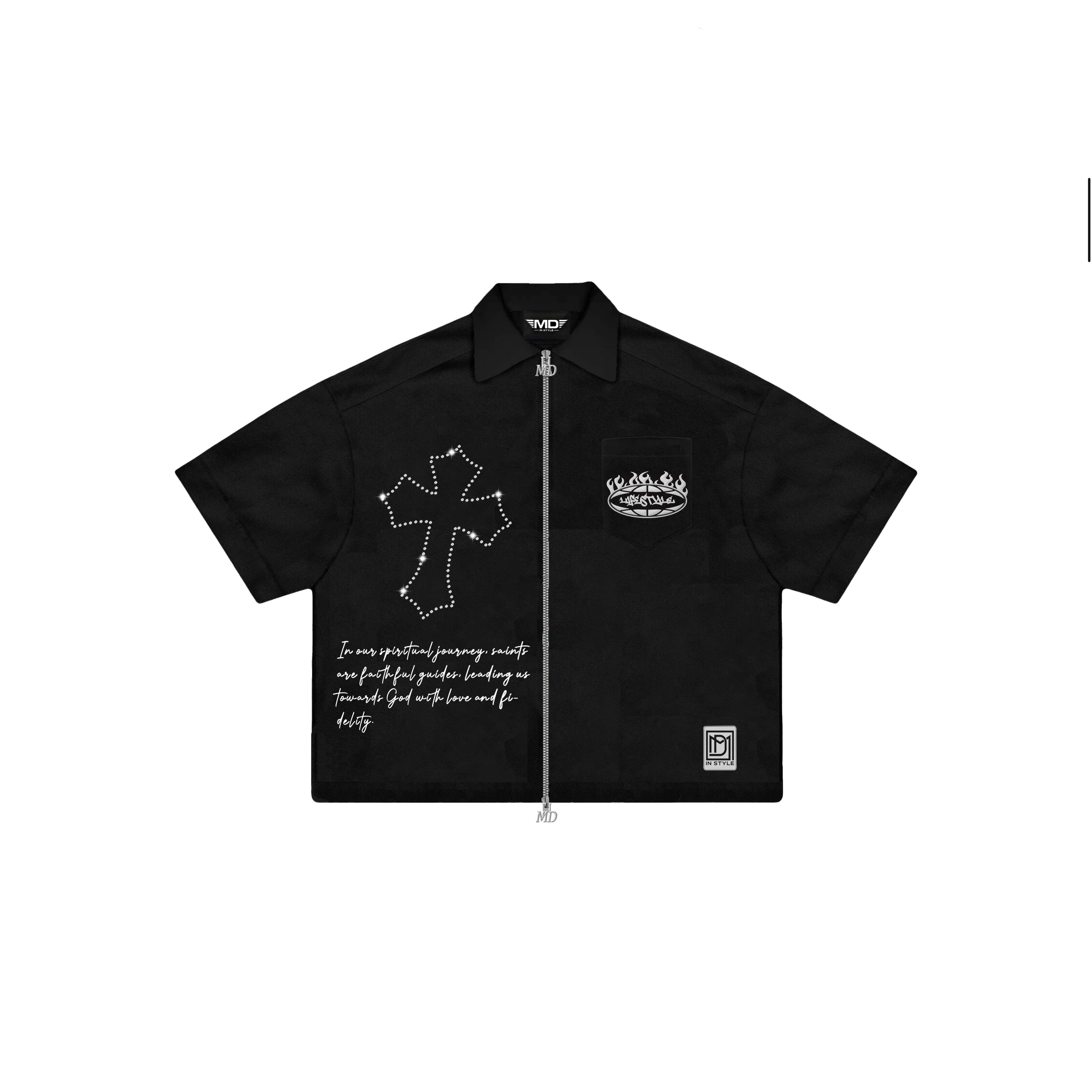 Black Rhinestone Zip-Up Shirt