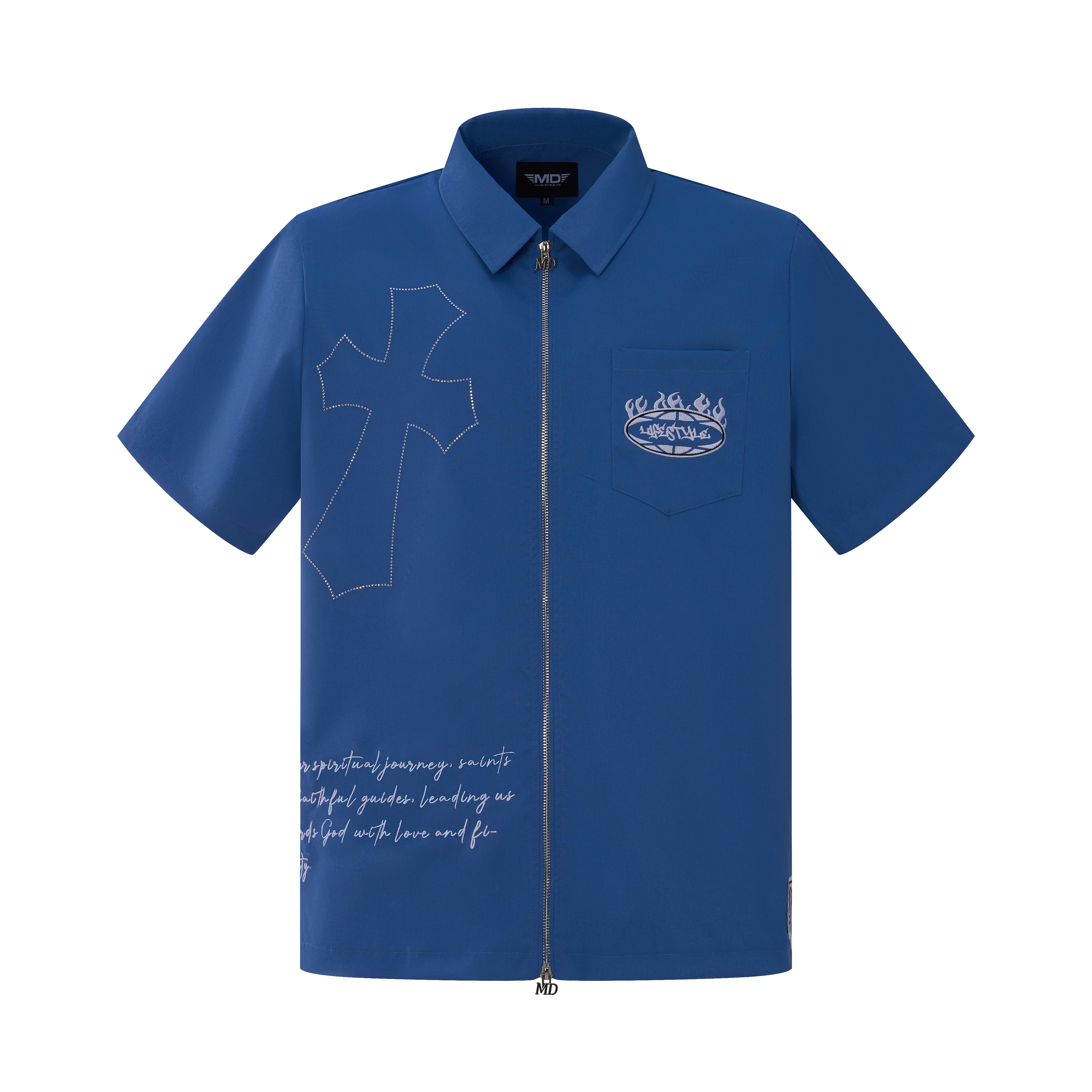 Blue Rhinestone Zip-Up Shirt