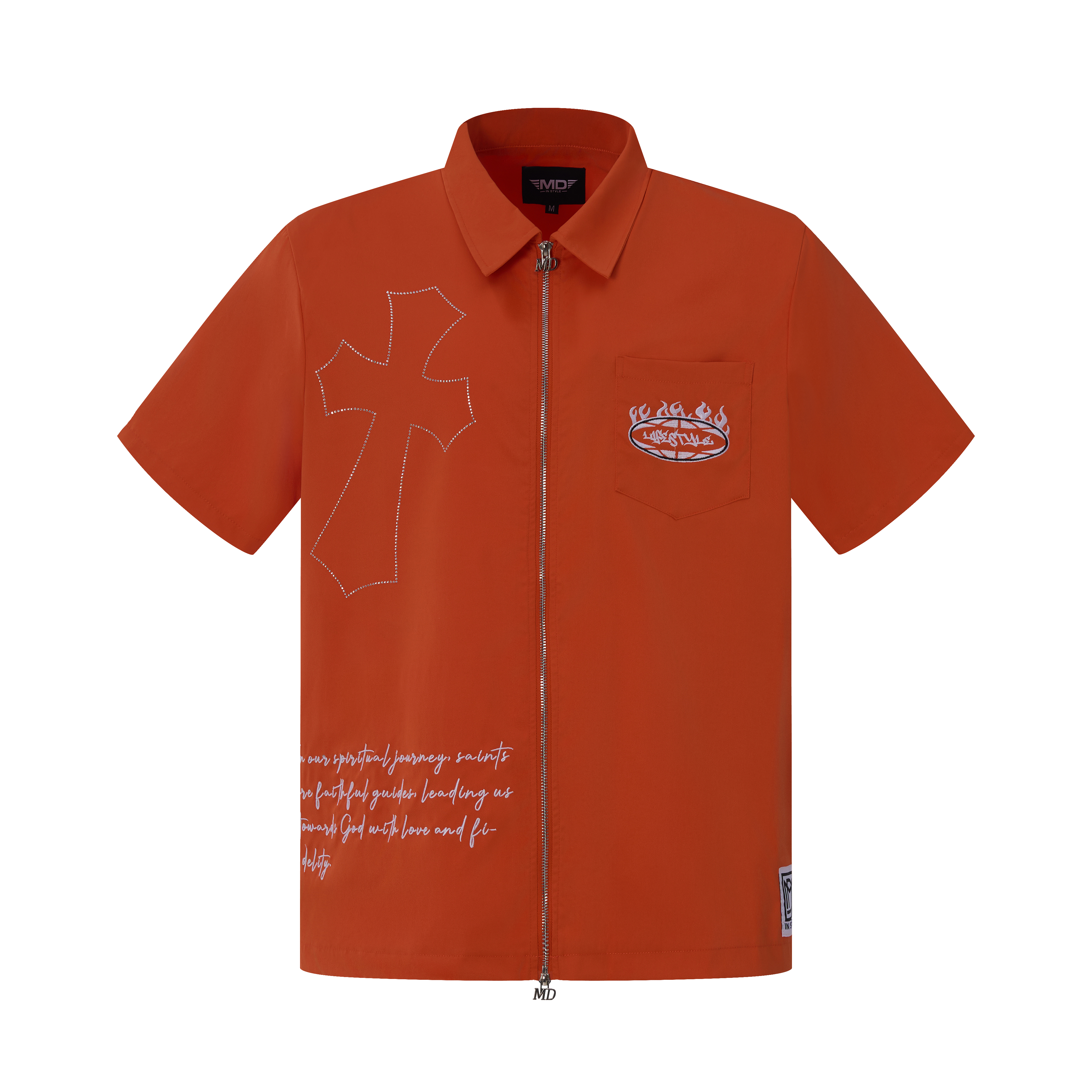 Orange Rhinestone Zip-Up Shirt