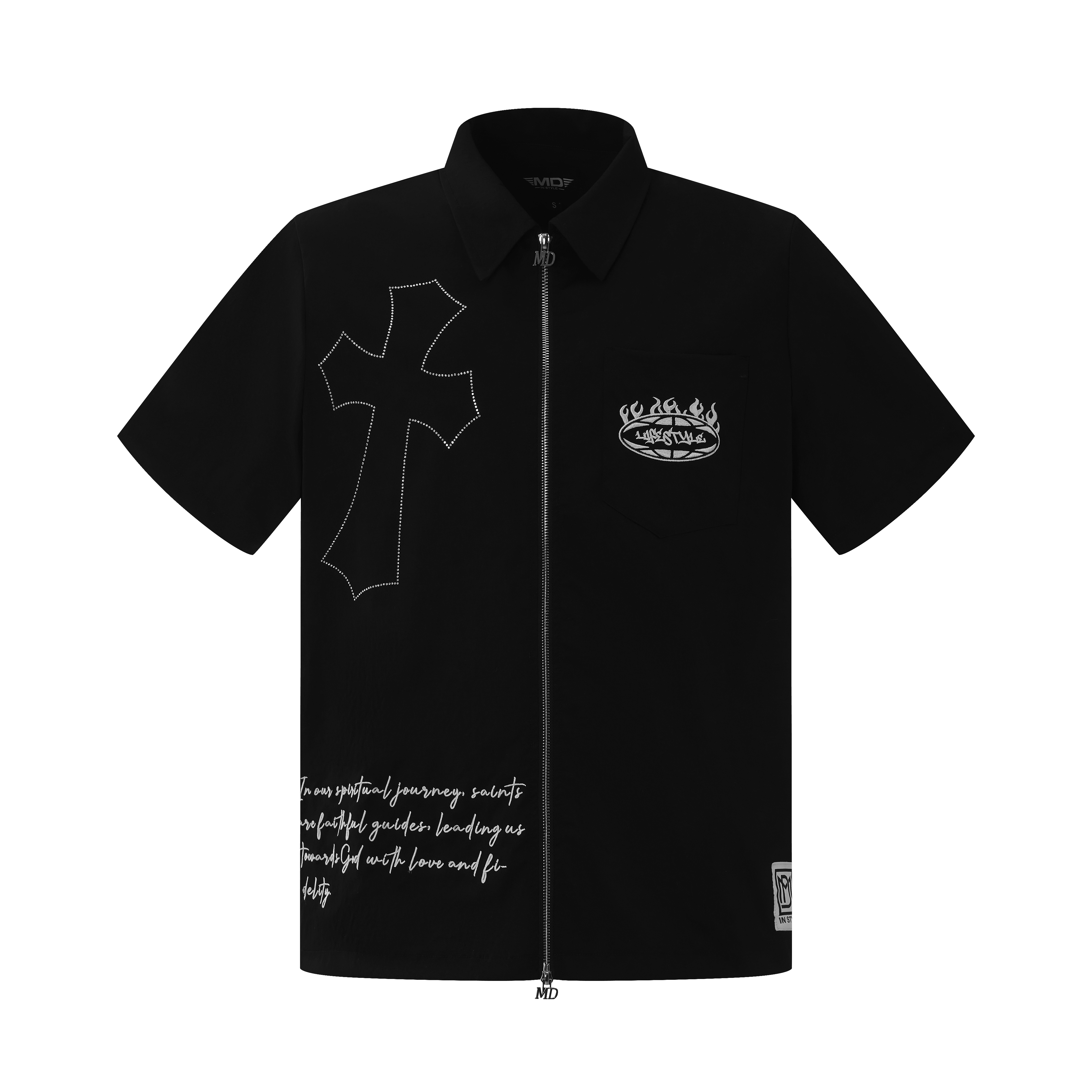 Black Rhinestone Zip-Up Shirt